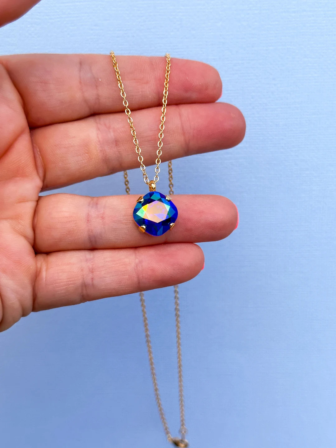 12mm Cushion Cut Necklace - Majestic Blue AB -select color setting | Etsy (US)