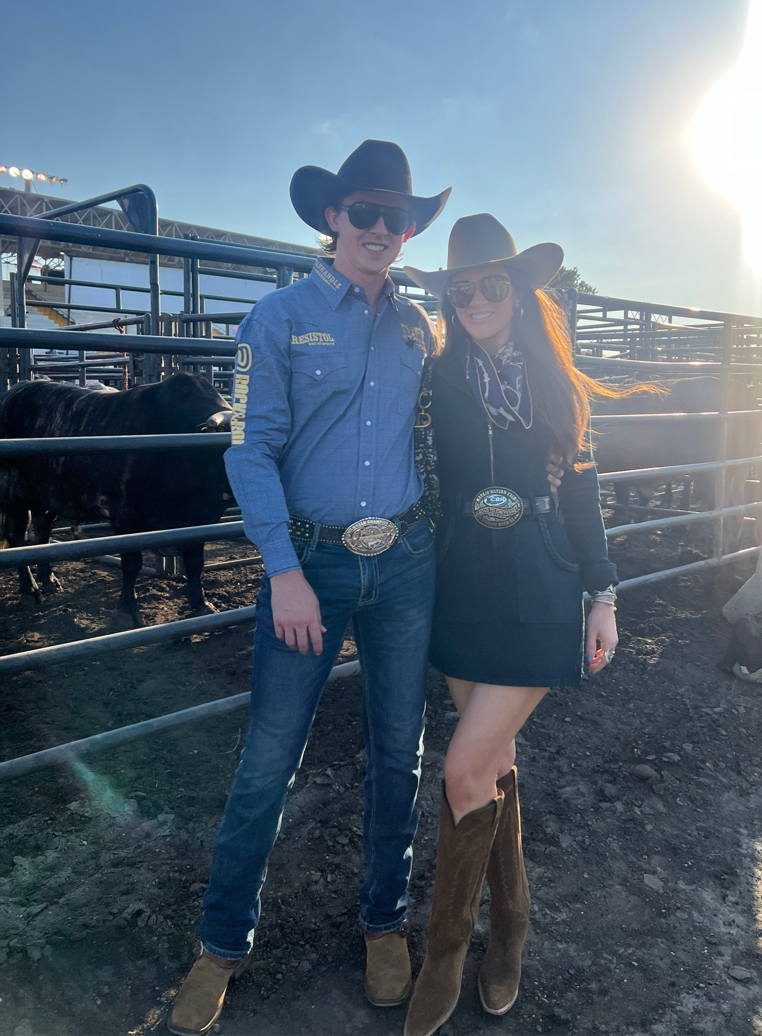 Last bull riding of the 2024 tour! Loving this new fall 2024 show me your MuMu denim dress… sized up for length! I have 3 other similar short sleeve styles but needed this Dark denim and long sleeves. Paired with my espresso suede Pricilla’s from Lucchese 🤠