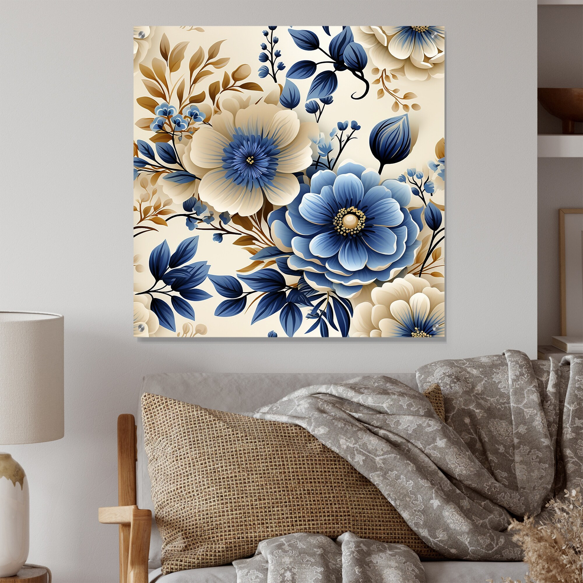 Designart "Classic Blue Harmony Bouquet" Floral Gloss Wall Decor Blue - Traditional Acrylic Wall Art For Living Room | Bed Bath & Beyond