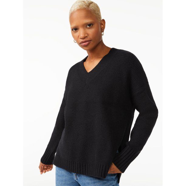 Free Assembly Women's Oversized V-Neck Fuzzy Cotton Sweater - Walmart.com | Walmart (US)