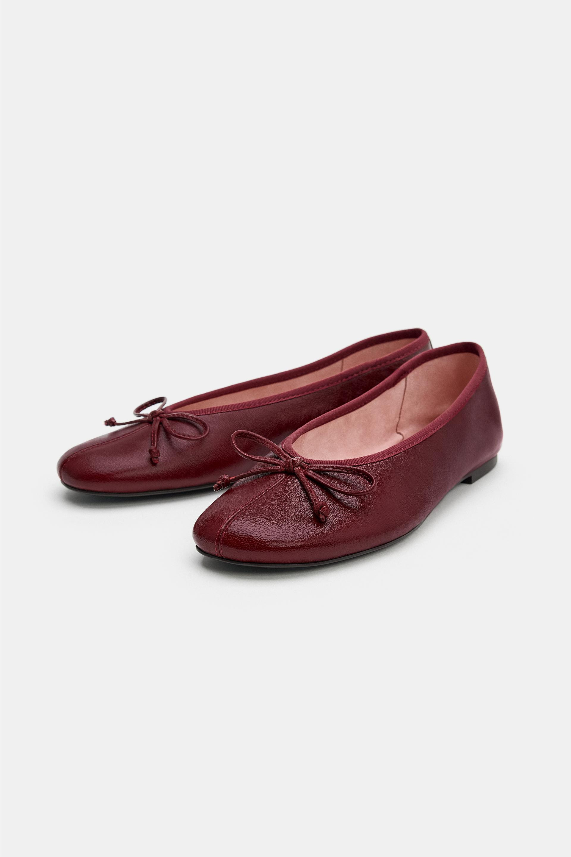 Zara - Leather Bow Ballet Flats - Burgundy Red - 7½ - Woman | Zara US