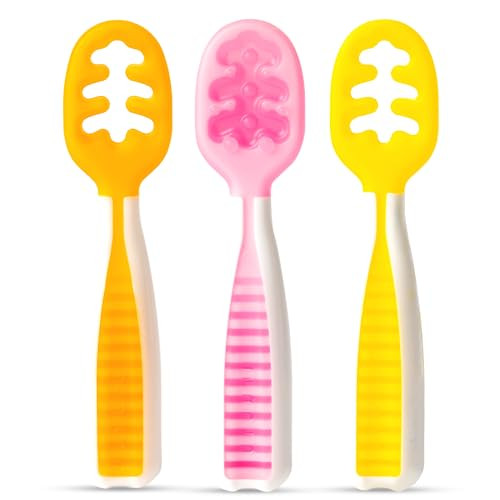 NumNum Baby Spoons Set, Pre-Spoon GOOtensils for Kids Aged 6+ Months - First Stage, Baby Led Weaning (BLW) Spoon - Self Feeding, Silicone Toddler Food Utensils - 3 Spoons, Pink/Yellow/Orange | Amazon (US)