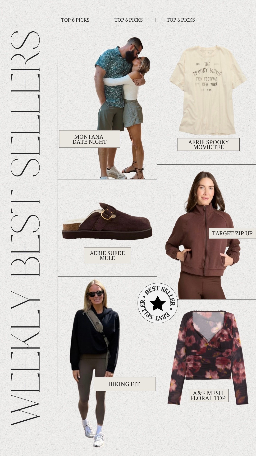 Top Six Weekly Best Sellers 🫶🏼

1. FP shorts I wore to dinner on our honeymoon in Montana 
2. Aerie Suede Mules from Fall Sale post
3. Spanx Leggings I wore hiking on our Montana honeymoon 
4. Aerie Spooky Movie tee from outfit inspo post 
5. Target airy sleek zip up jacket from “what’s in my bag” post 
6. Abercrombie floral mesh top from outfit inspo post 

Spanx code: JESSICABXSPANX

#freepeople #aerie #spanx #target #abercrombie #topsellers #lolasfaves#LTKFallSale

#LTKStyleTip #LTKHalloween