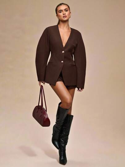 SHEIN BAE Women's Solid Color Waist Cinched Blazer, Suitable For Work | SHEIN UK | SHEIN