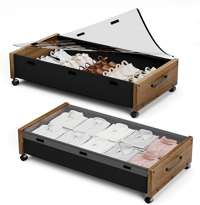 KITHELP Wooden Under Bed Storage with Wheels, Rolling Under the Bed Storage Bins with Removable L... | Amazon (US)