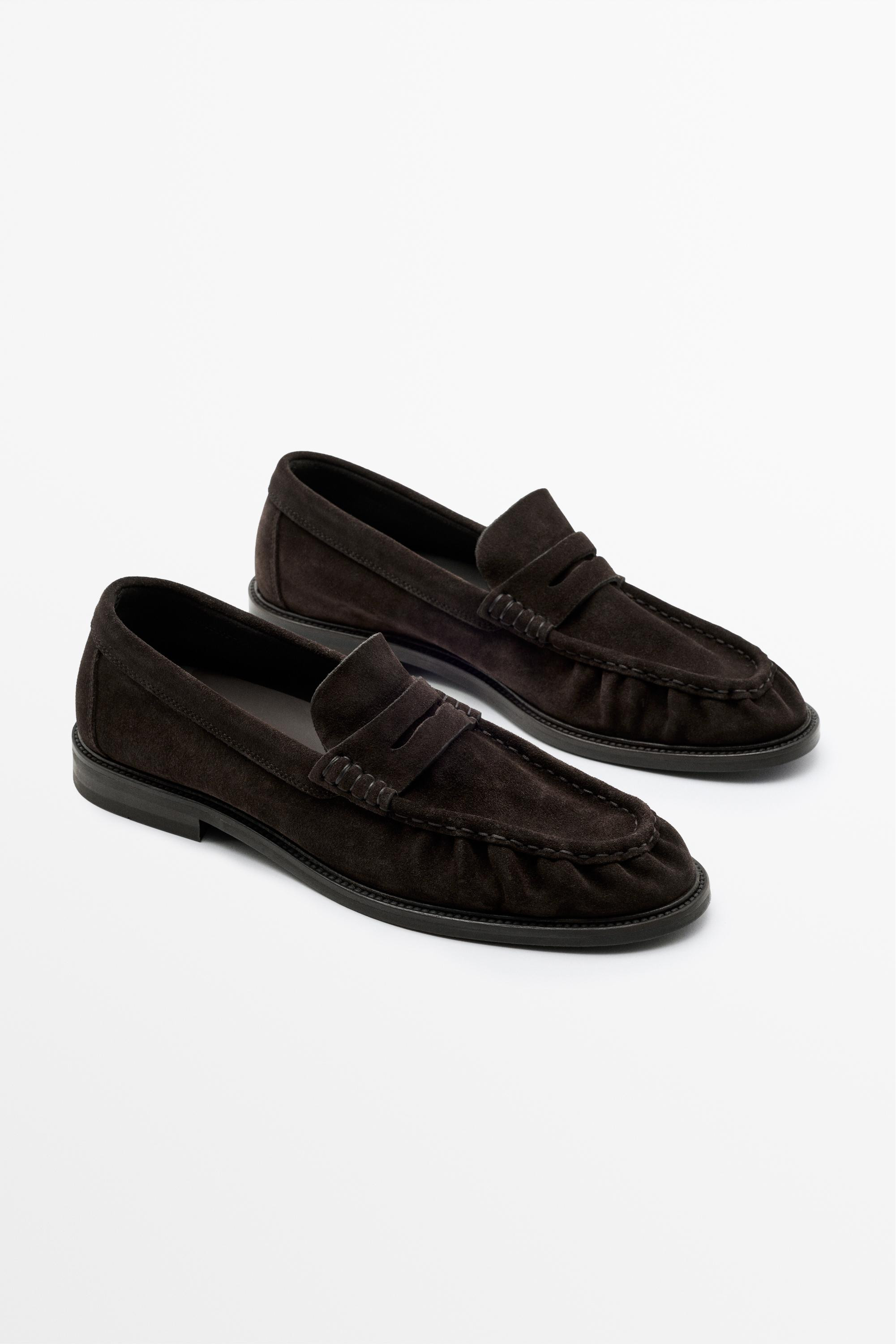 Shirred split suede leather loafer | Massimo Dutti UK