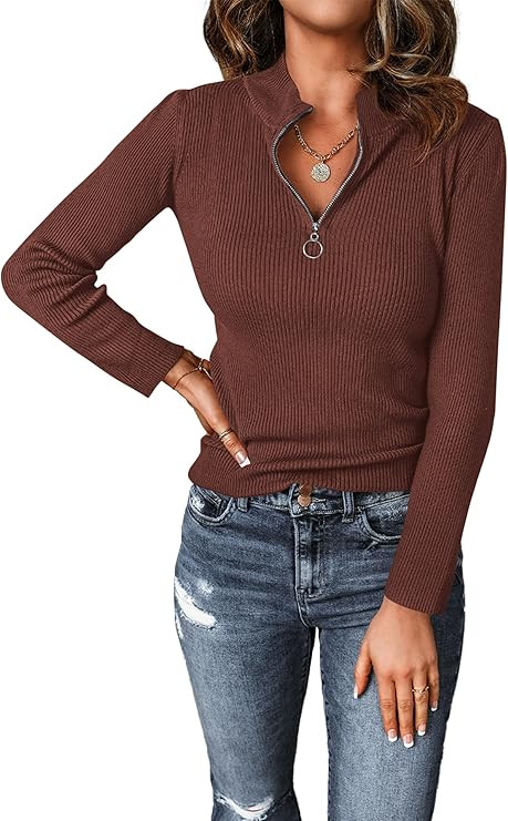 PRETTYGARDEN Fall Quarter Zip Pullover Sweaters for Women 2024 Long Sleeve Collared Fitted Ribbed... | Amazon (US)