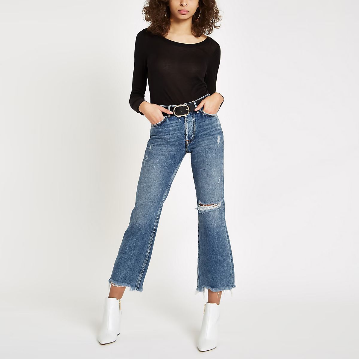 Denim ripped crop flared jeans | River Island (UK & IE)