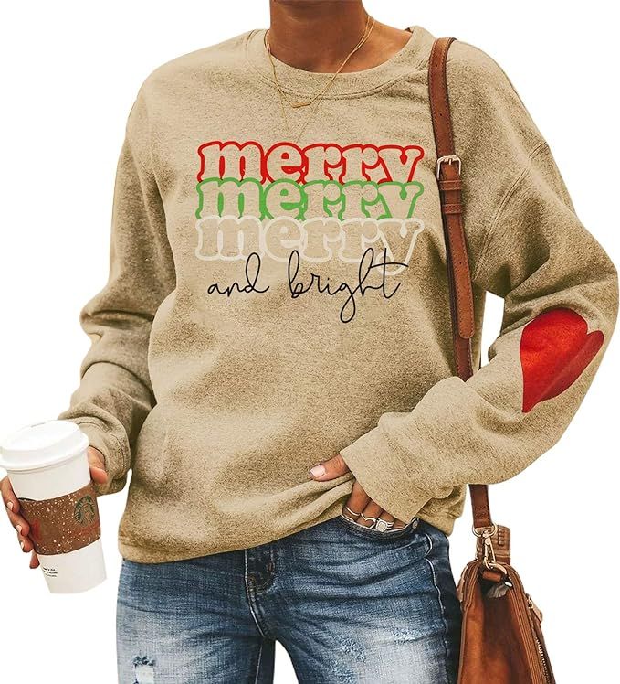 Merry Christmas Sweatshirt for Women Cute Letter Print Graphic Shirt Winter Casual Pullover Top | Amazon (US)