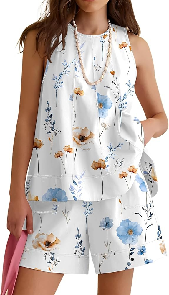 Rapbin Women Two Piece Short Set Drawstring Elastic Waist Pants Round Neck Tank Tops Comfy Sweats... | Amazon (US)