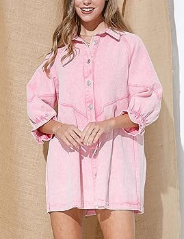 Women's Lantern Long Sleeve Denim Dress Button Down Shirt Jean Dress Collared Casual Tunic Top | Amazon (US)