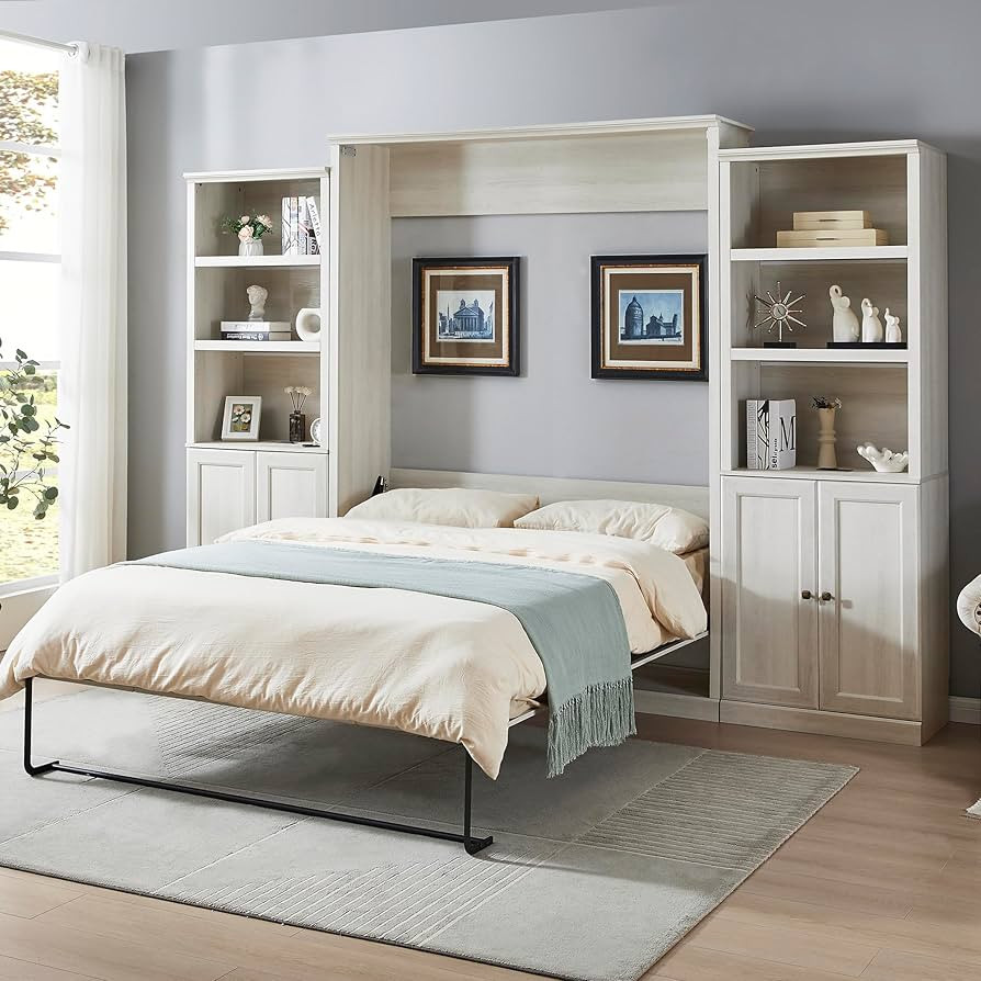 BIADNBZ Queen Size Murphy Bed with 2 Side Cabinet Storage Shelf and USB Port, Wood Foldable Bedfr... | Amazon (US)