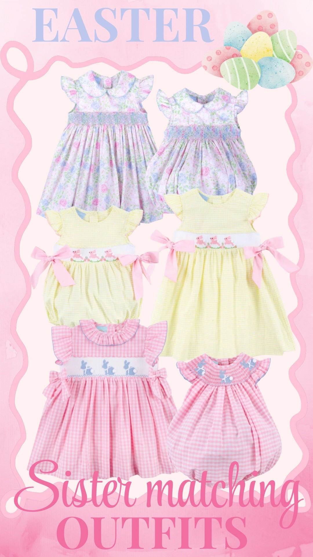 Sister matching Easter outfits from Classic Whimsy and I am obsessed 🐣🌸 The sweetest smocked Easter dresses and bubble rompers for baby girls + toddlers!

If you’re looking for sister matching Easter dresses, baby girl Easter outfit ideas, or classic smocked bunny and floral Easter outfits, these are absolutely precious. The pastel florals, gingham prints, and hand-smocked details give that timeless heirloom look that’s perfect for church, Easter brunch, egg hunts, and spring family photos.

Sharing sizes for toddler girls + baby girls — these matching sister sets are selling fast for Easter!

sister matching Easter outfits | matching sister dresses | baby girl Easter outfit | toddler Easter dress | smocked Easter dress | bunny smocked dress | gingham Easter outfit | pastel spring dresses for girls | Classic Whimsy Easter collection | sibling matching outfits 

#LTKmomlife #LTKKids #LTKBaby