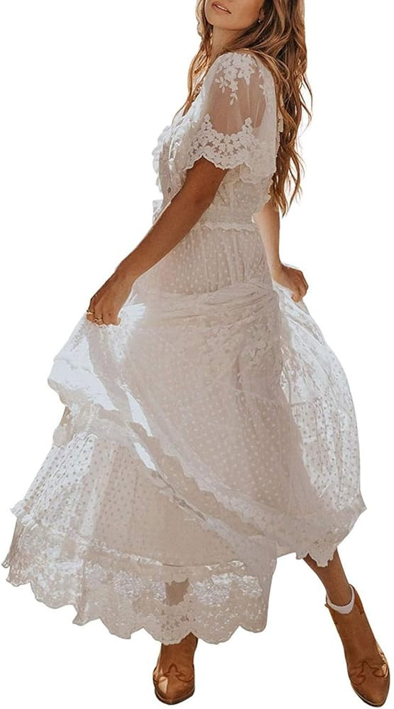 BLENCOT Womens Casual Summer Floral Lace Long Dress Short Sleeve Elegant Bohemian Dress Fashion F... | Amazon (US)