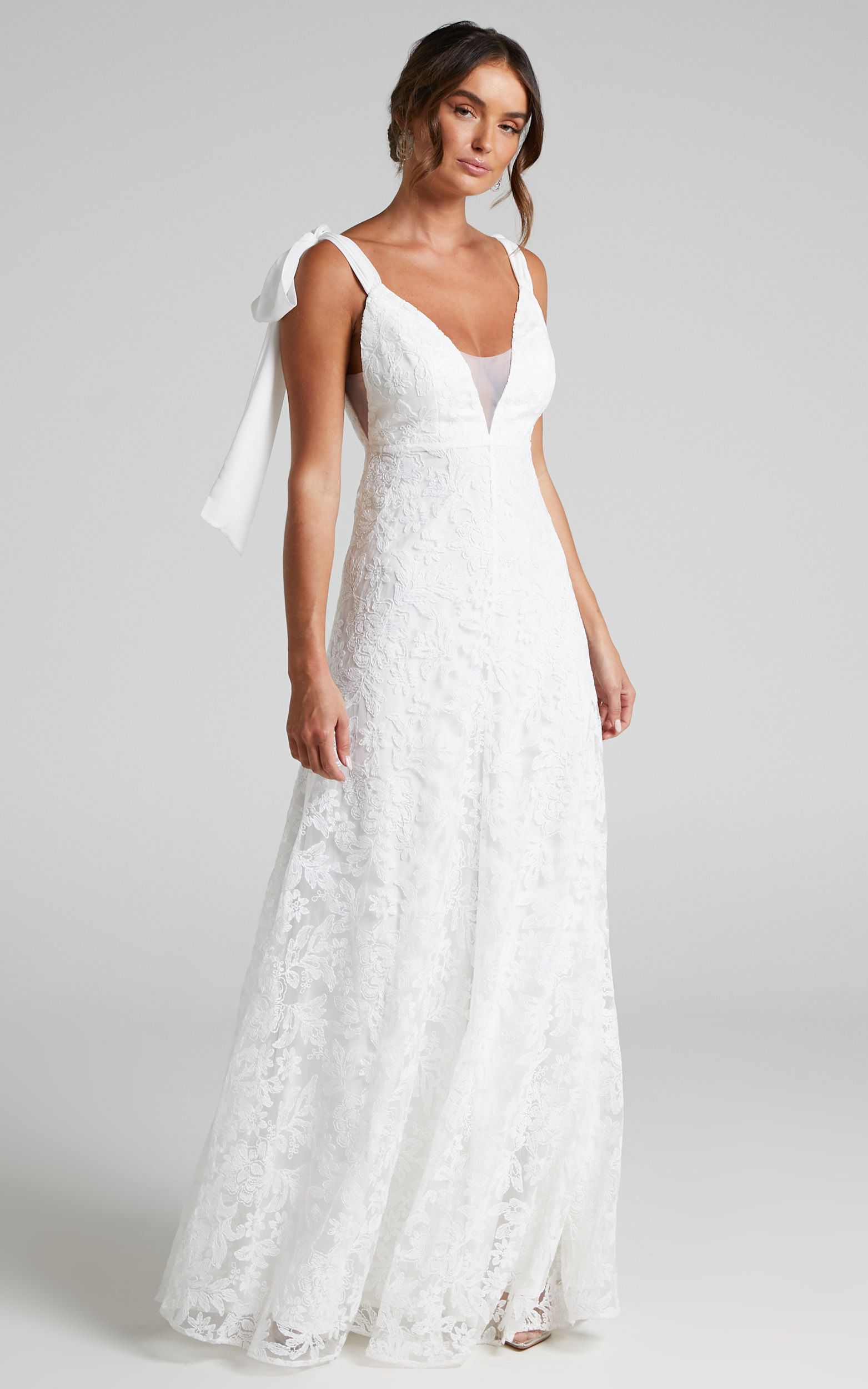 Petunia Tie Shoulder Plunge Neck Lace Gown in Ivory | Showpo (US, UK & Europe)