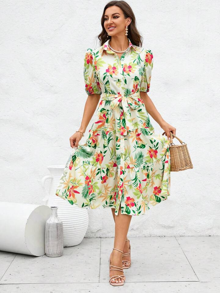SHEIN Frenchy Floral Print Puff Sleeve Belted Shirt Dress | SHEIN
