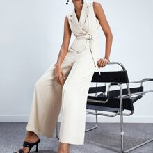 Lapel Neck Belted Wide Leg Jumpsuit | SHEIN