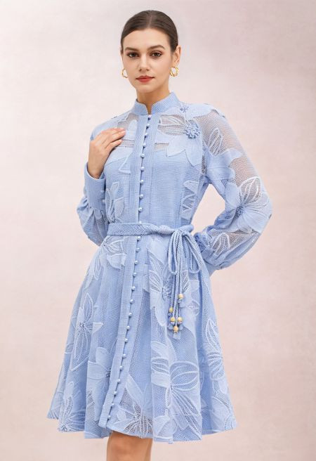 Embroidered Floral Belted Fishnet Midi Dress in Blue | Chicwish