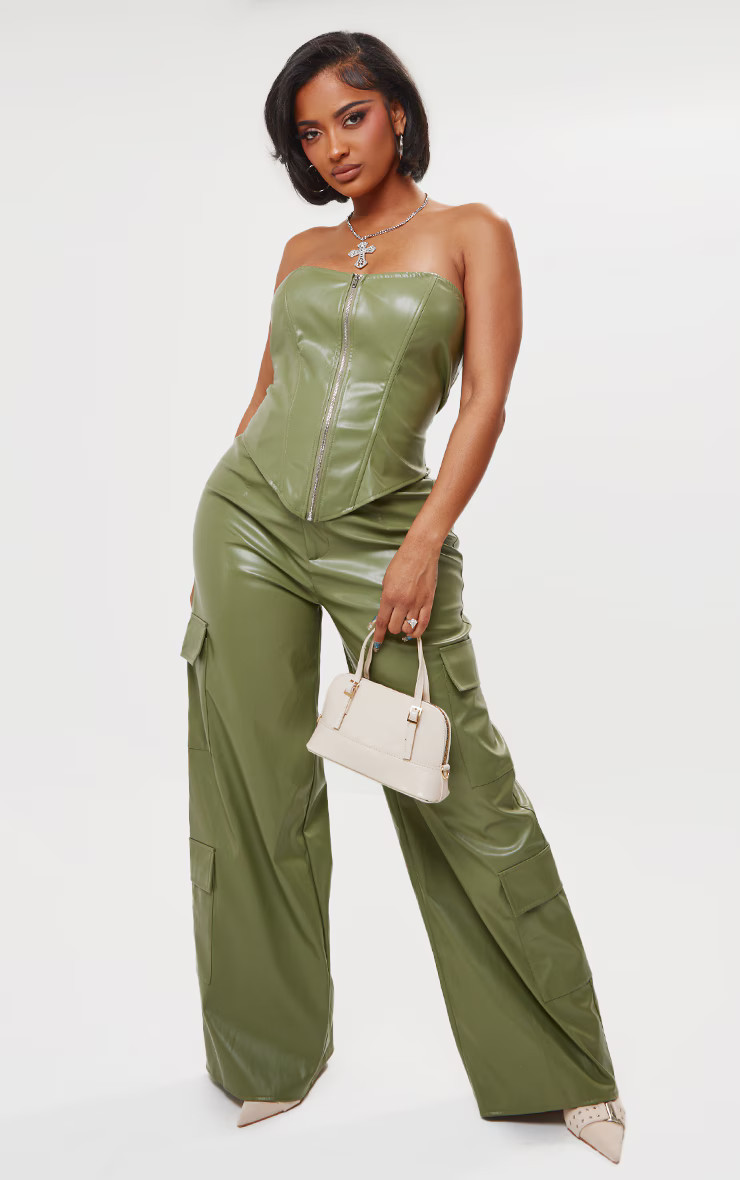 Shape Olive Faux Leather Straight Leg Cargo Pants | PrettyLittleThing US