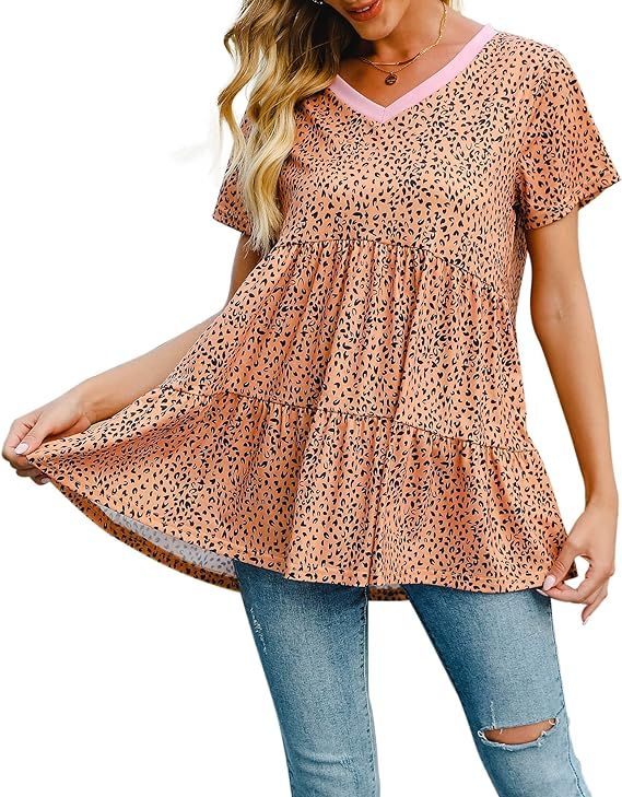 Hibluco Women's Summer Tops Short Sleeve Round Neck Floral Print Shirt Tunic Blouse at Amazon Wom... | Amazon (US)