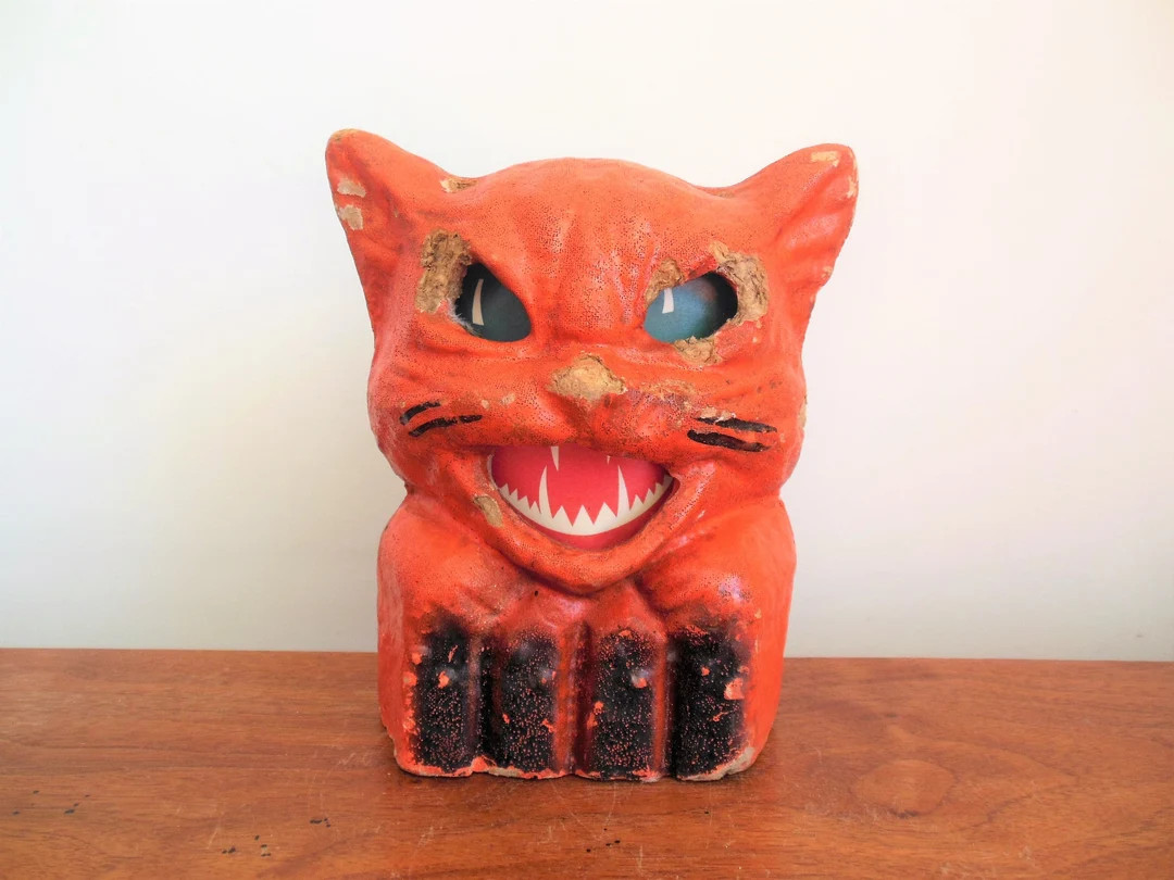Halloween Paper Mache Cat on Fence Old Pulp Orange With Black - Etsy | Etsy (US)