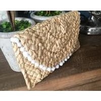 Straw Clutch Purse with White Pom Poms | Etsy (US)