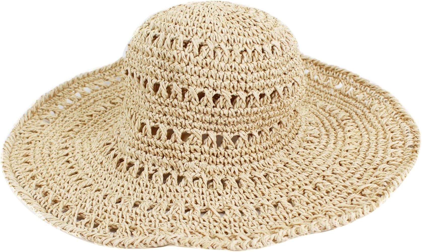 Adela Boutique Womens Foldable Wide Brim Roll-up Crocheted Straw Hat Beach Sun Visor Cap UPF 50+ | Amazon (US)