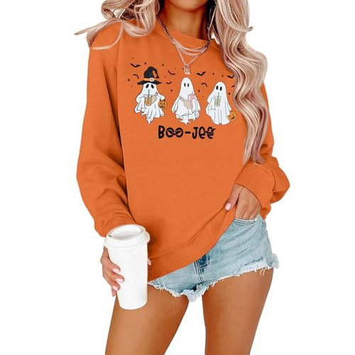 MNLYBABY Halloween Ghost Sweatshirt Women Funny Spooky Season Long Sleeve Shirts Halloween Pullover Top Orange | Amazon (US)