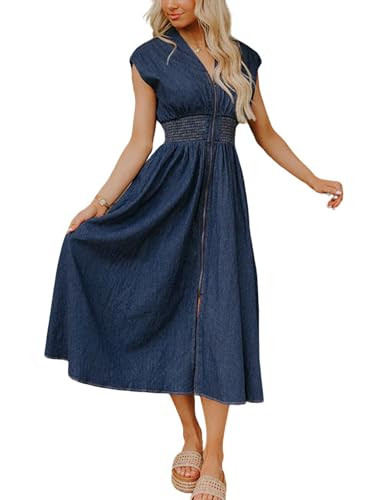 utcoco Womens Denim Dress Sleeveless V Neck Zip Up Smocked High Waist Ruffle A Line Long Midi Jean Dresses (X-Large, Dark Blue) | Amazon (US)