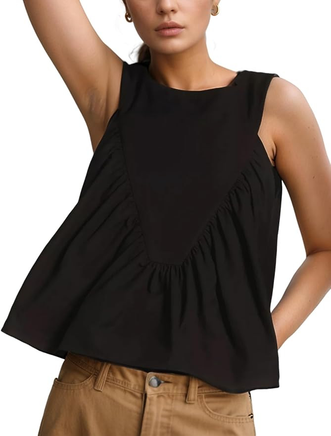 Wyeysyt Peplum Tops for Women Shirred Swing Tank Tops Pleated Flowy Vest Casual Sleeveless Blouse... | Amazon (US)