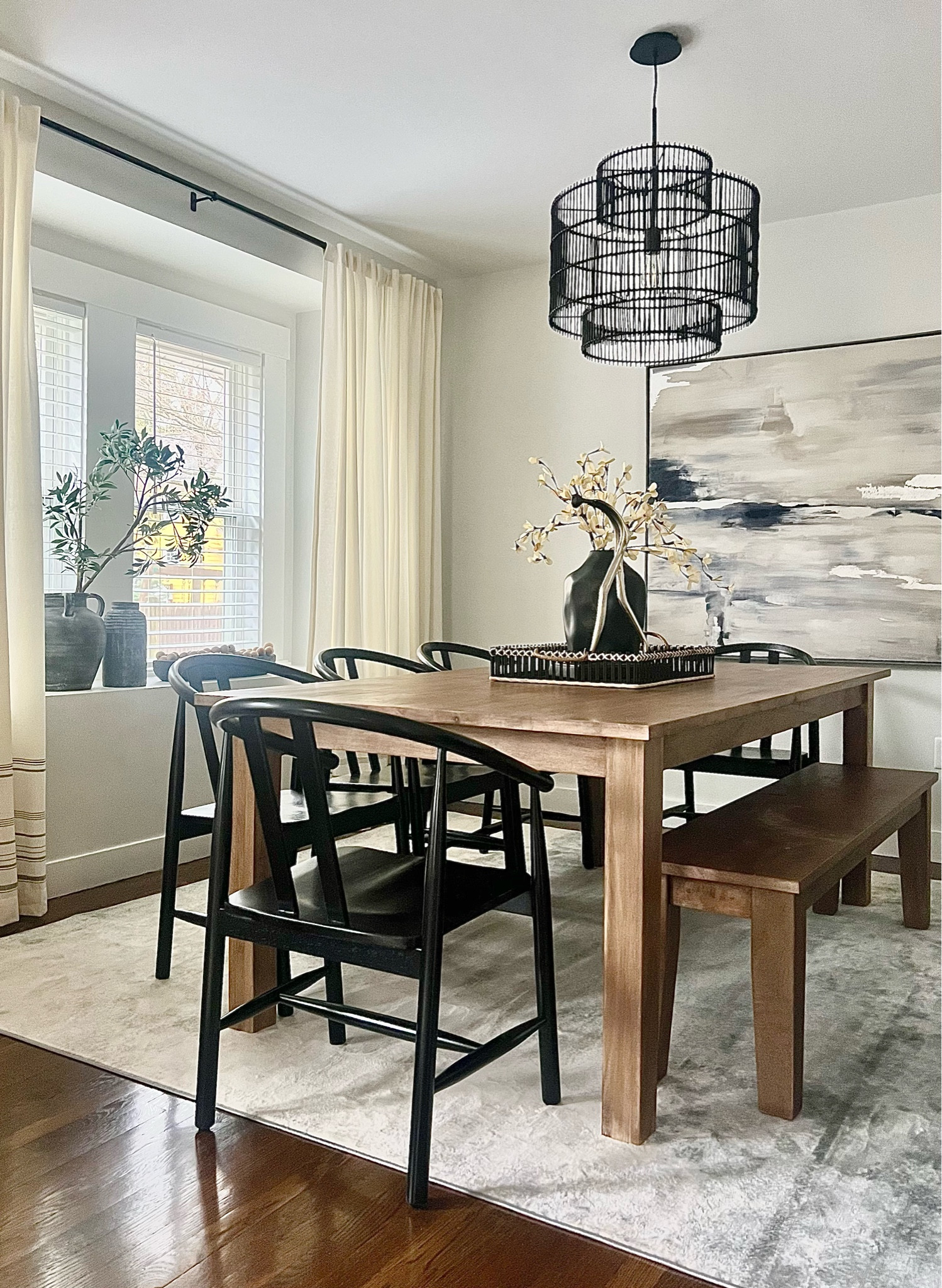 Dining room decor!
Dining table, dining chairs, dining bench, abstract rug, pendant light, curtains, curtain rod.

#LTKhome #LTKFind #LTKstyletip