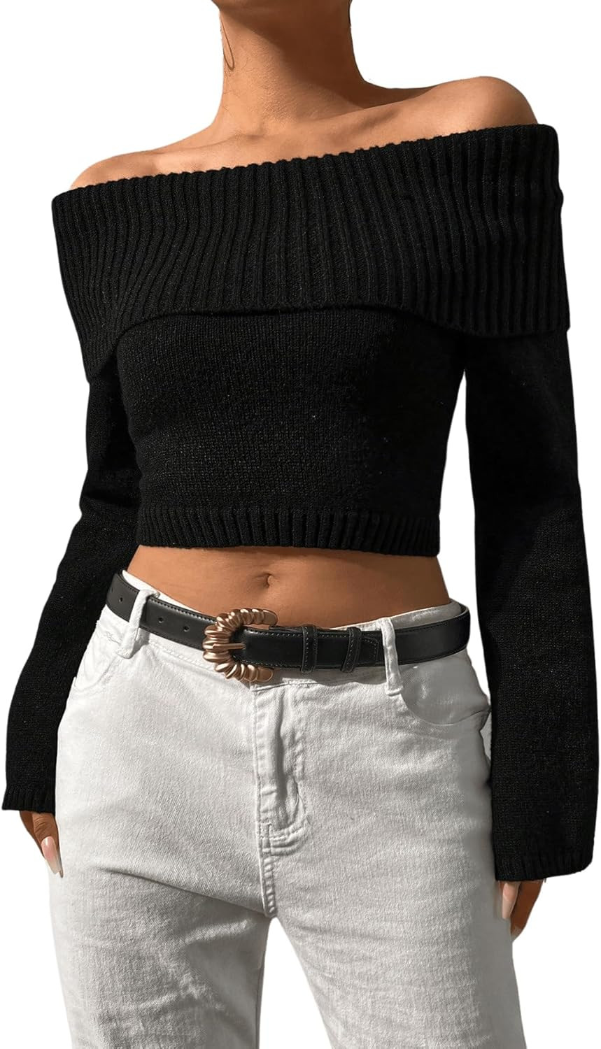 MakeMeChic Women's Off Shoulder Foldover Long Sleeve Knitted Pullover Sweater Crop Tops | Amazon (US)