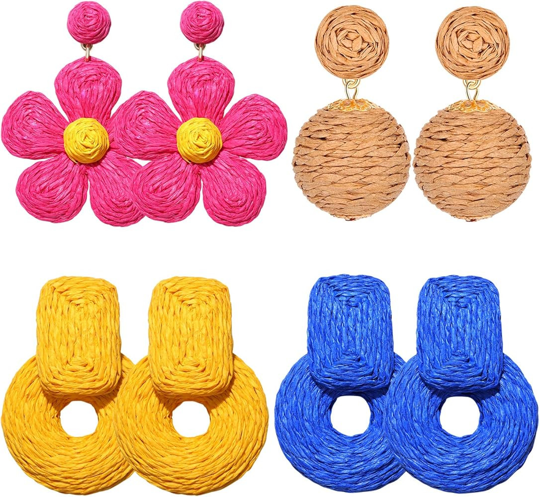4 Pairs Raffia Earrings Boho Rattan Hoop Dangle Earrings for Women Handmade Straw Wicker Woven Ea... | Amazon (CA)