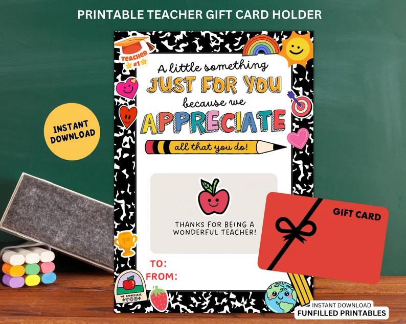 Teacher Thank You Gift Card Printable Appreciation Week Teacher Gift Card Holder, End of School Y... | Etsy (US)