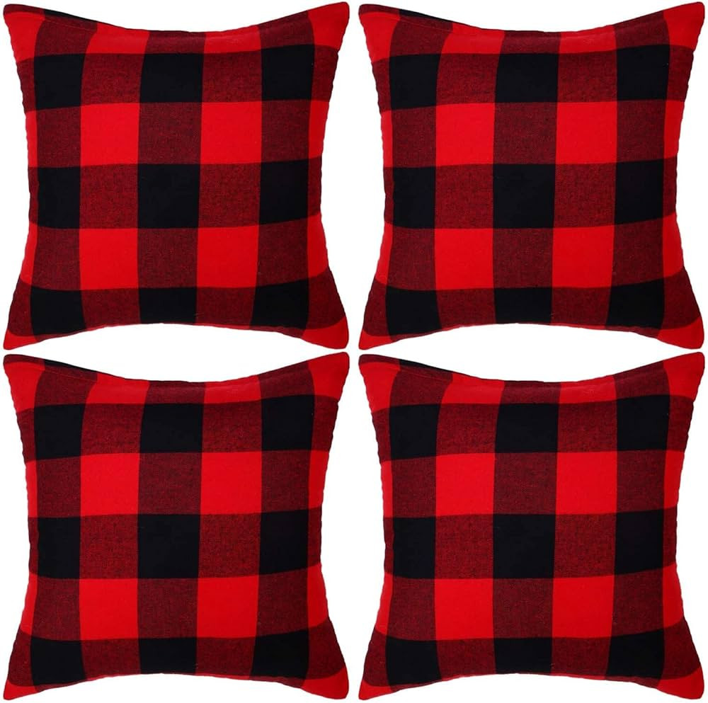 Set of 4 Christmas Pillow Covers 18x18, Farmhouse Buffalo Checked Plaid Pillow Covers Outdoor Chr... | Amazon (US)