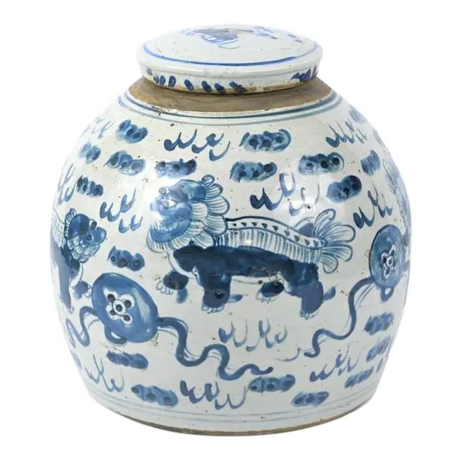 Chinoiserie White & Blue Foo Dog Ginger Jar | Chairish