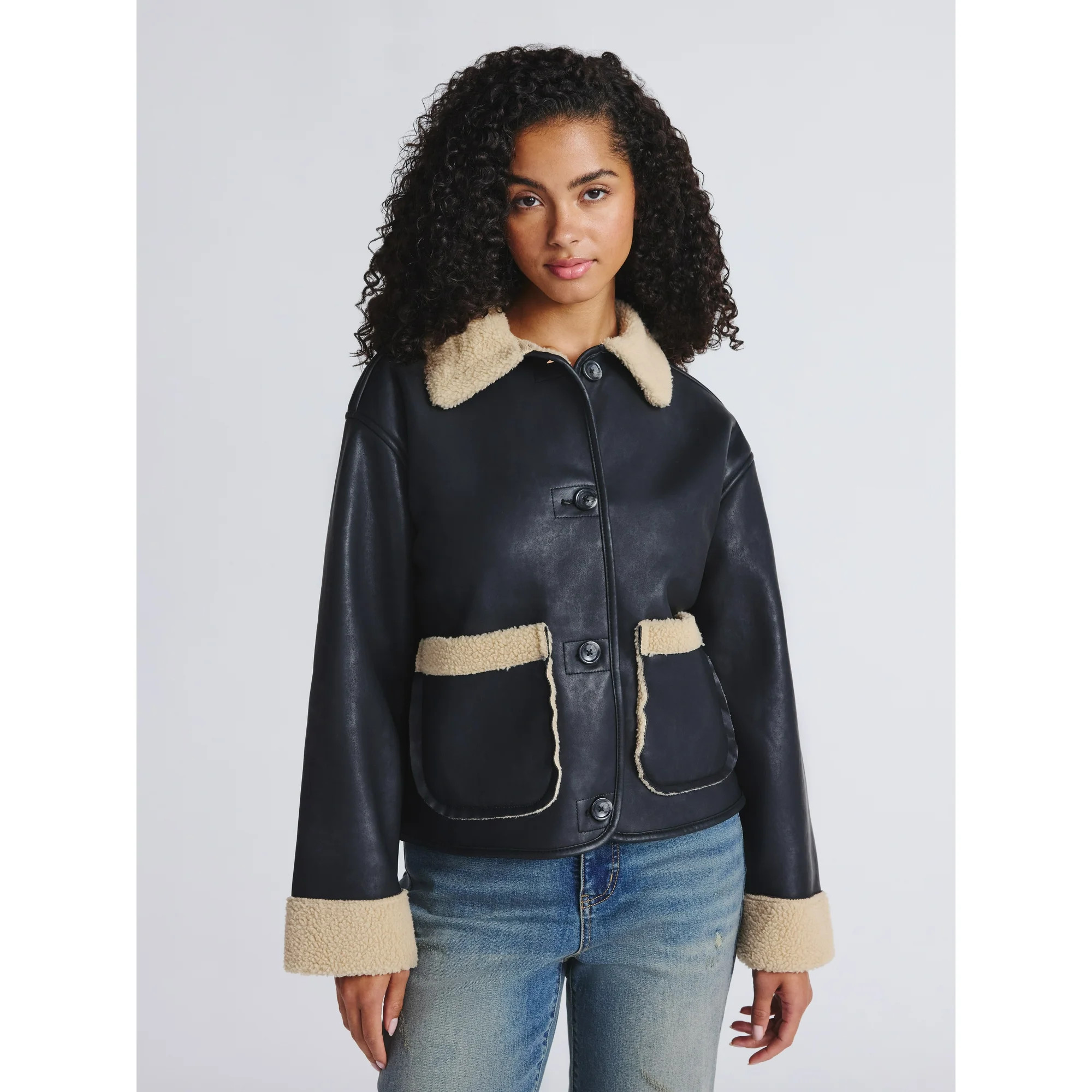 Time and Tru Women's and Women's Plus Bonded Faux Shearling Jacket, Sizes XS-2X | Walmart (US)