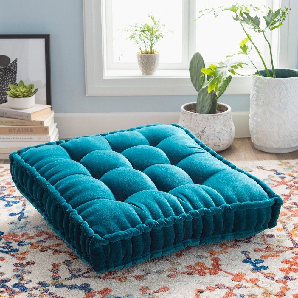 The Curated Nomad Atlanta 24-inch Teal Square Tufted Velvet Floor Pillow (Teal) | Bed Bath & Beyond