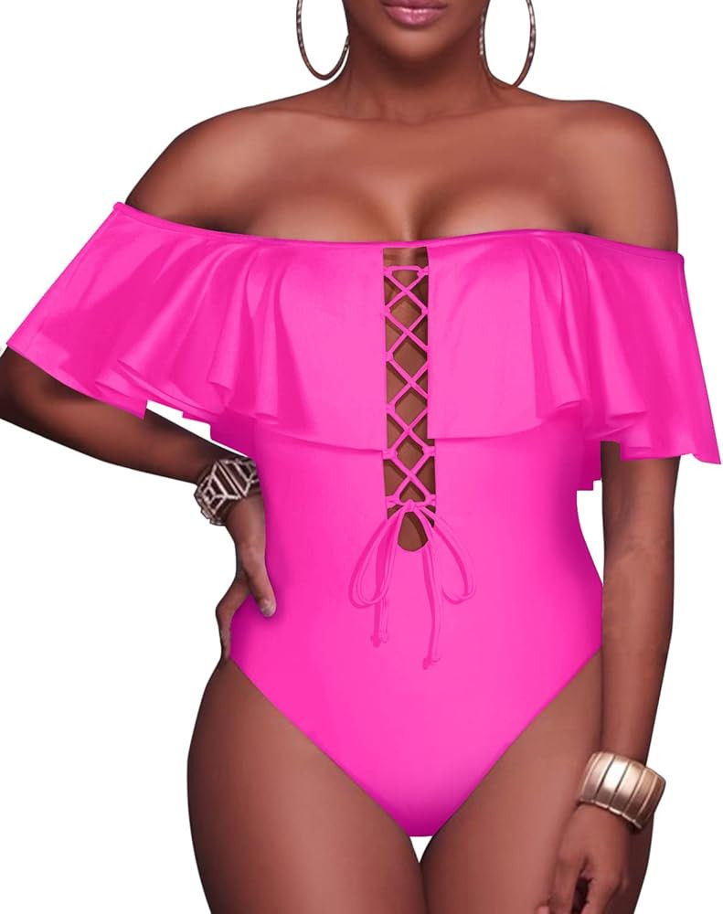 Tempt Me Women's Sexy One Piece Swimsuits Lace Up Ruffled Bathing Suit Off Shoulder Flounce Swimwear | Amazon (US)