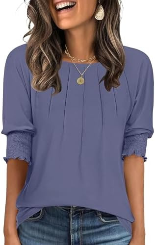ANRABESS Womens Tops 3/4 Sleeve Crewneck Pleated Dressy Casual Shirts 2025 Summer Business Basic ... | Amazon (US)