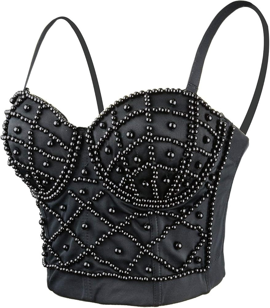 ELLACCI Sexy Pearls Beaded Bustier Corset Crop Top Club Party Cage Bra | Amazon (US)