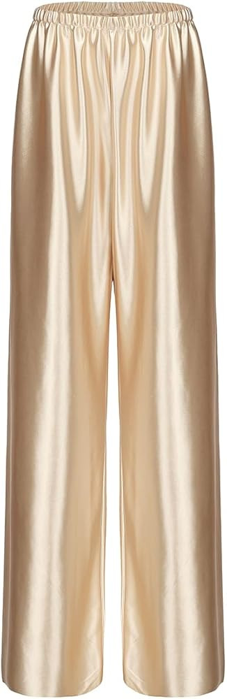 Women Satin Wide Leg Dress Pants Silk Casual Dressy Long Flowy Pants Elastic High Waisted Trouser... | Amazon (US)