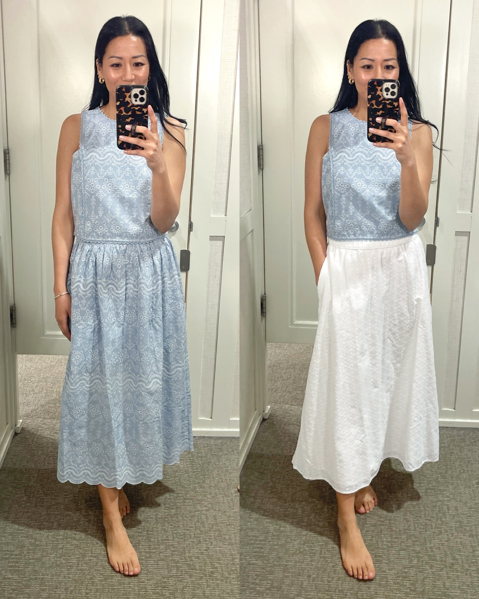 Size 2 in top
Size 2 in blue skirts (size 0 needed)
Size XS white skirt but prefer XXS

Loft skirts
