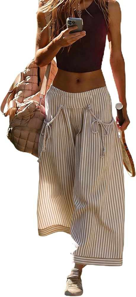 Athlisan Womens Striped Wide Leg Palazzo Pants Baggy Elastic Waist Lounge Trousers Beach Vacation... | Amazon (US)