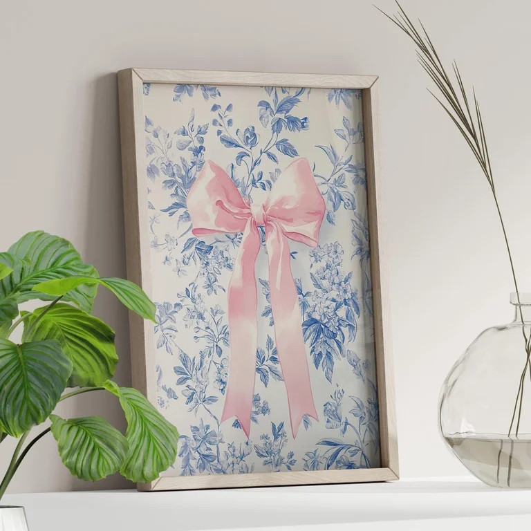 Pink Bow Blue Toile Love Shack Fancy Coquette Room Floral Girls Nursery Art, Unframed Canvas | Walmart (US)
