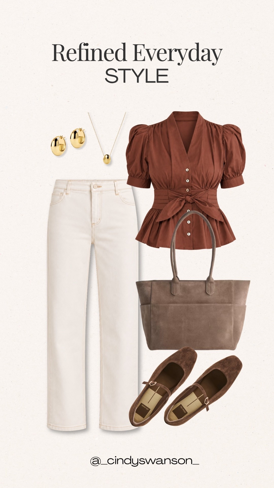 A rich rust-brown blouse paired with crisp white jeans is such a lovely way to bring a little warmth into an everyday outfit. I love the feminine puff sleeves and defined waist, balanced with classic brown ballet flats and a roomy tote. It's a polished, modern classic look that works beautifully for lunch out, shopping, or a casual day when you want to feel a little more dressed up.