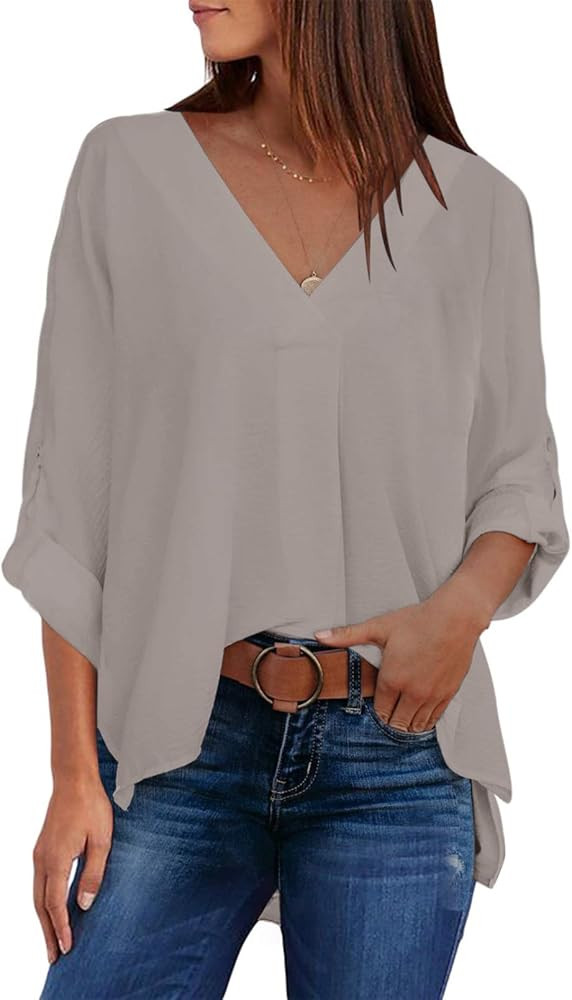 Dokotoo 2022 Womens Summer 3 4 Bell Sleeve/Short Sleeve V Neck Chiffon Tops Casual Solid Tops and Bl | Amazon (US)