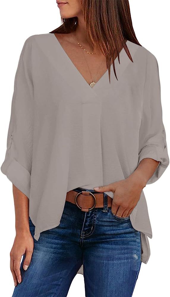 Dokotoo 2022 Womens Summer 3 4 Bell Sleeve/Short Sleeve V Neck Chiffon Tops Casual Solid Tops and Bl | Amazon (US)