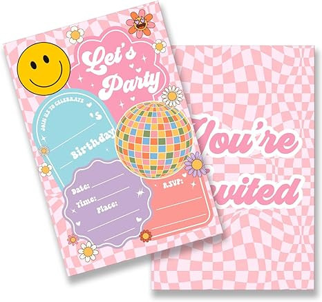 Nurawo Retro Groovy Disco Birthday Party Fill in Invitations, Hippie Disco Birthday Invites, Let'... | Amazon (US)