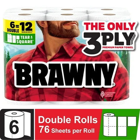 Brawny Tear-a-Square 3-Ply Paper Towels, 6 Double Rolls, 76 Sheets Per Roll | Walmart (US)